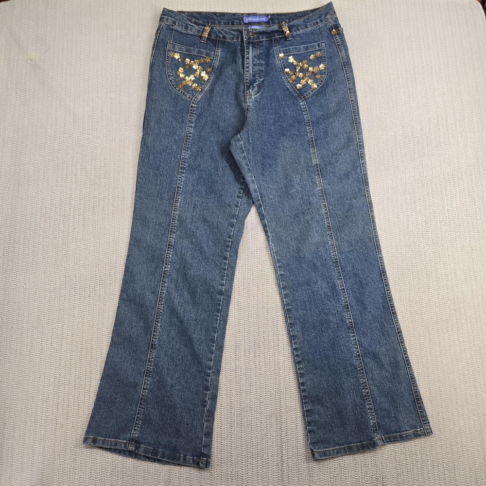 S&P Jeanswear Jeans Womens 15/16 Blue Floral Sequin Embellished Bootcut